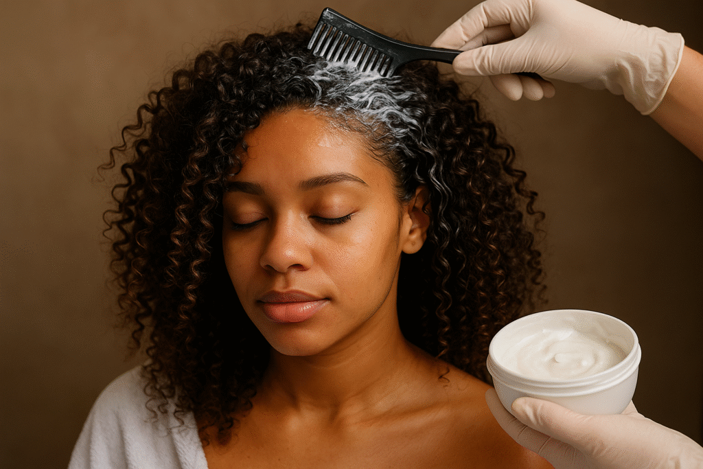 Uma pessoa com cabelos cacheados está sentada com os olhos fechados enquanto outra pessoa usando luvas aplica um creme branco em seu couro cabeludo usando um pente preto. Um recipiente com o creme está próximo.