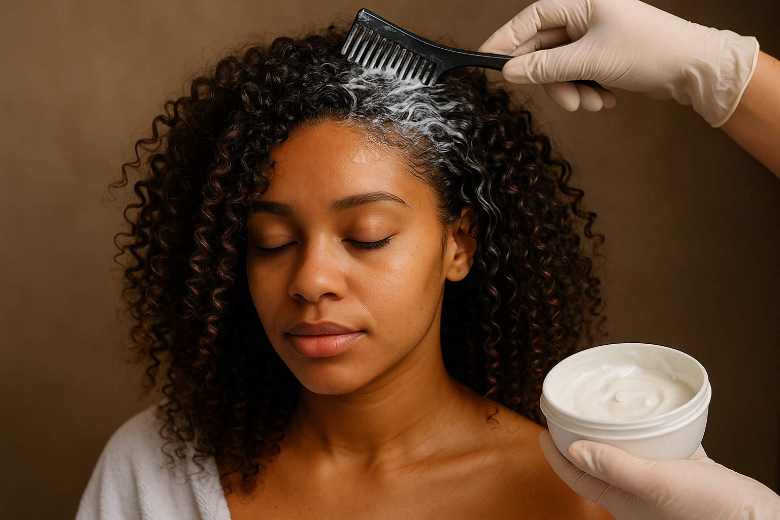 Uma pessoa com cabelos cacheados está sentada com os olhos fechados enquanto outra pessoa usando luvas aplica um creme branco em seu couro cabeludo usando um pente preto. Um recipiente com o creme está próximo.