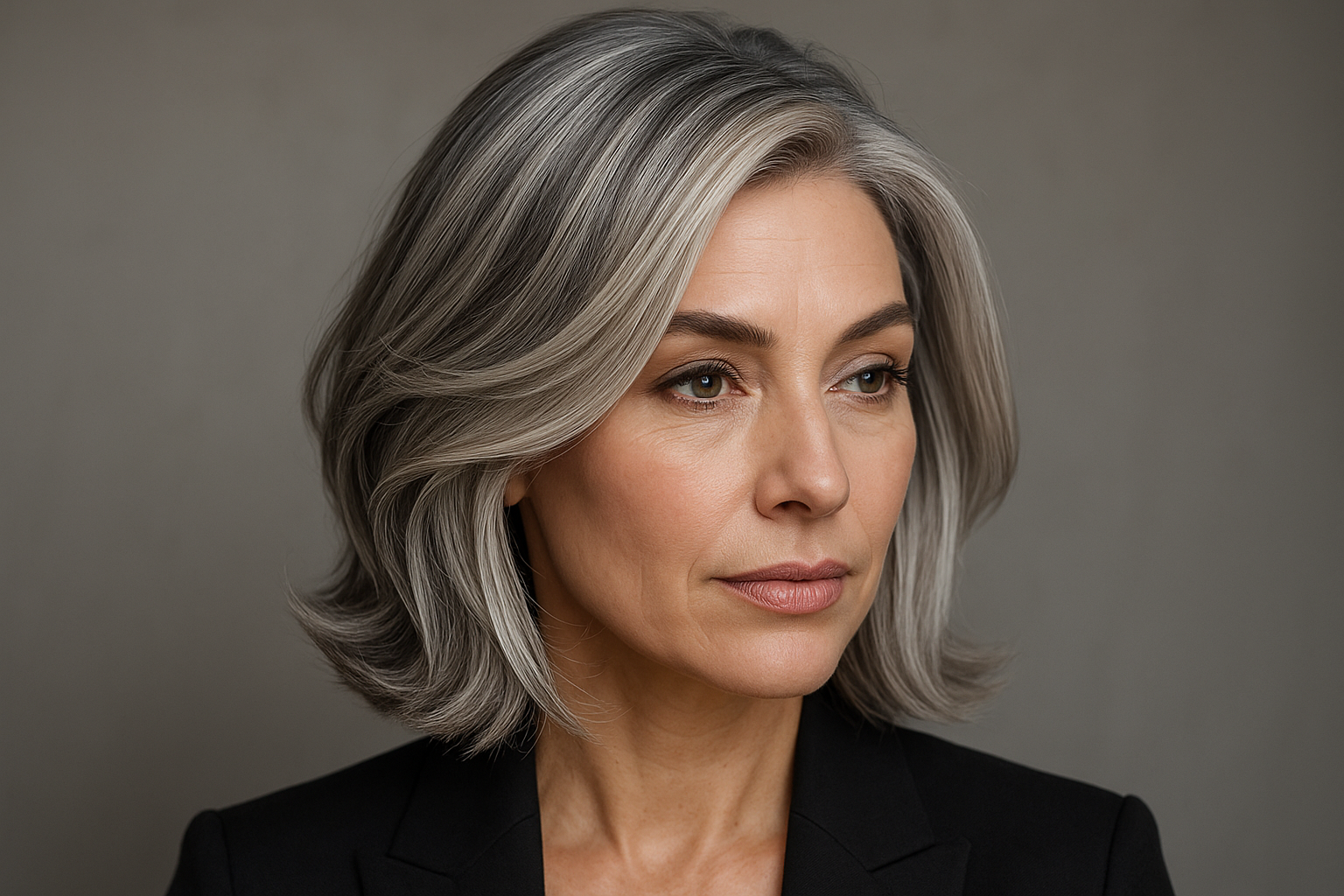 Uma mulher com cabelos grisalhos na altura dos ombros, vestindo um blazer preto, olha levemente para o lado com uma expressão neutra contra um fundo cinza liso.