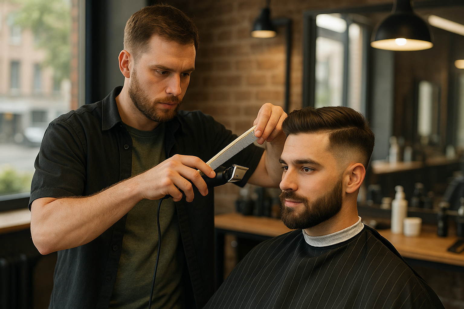 Um barbeiro usa uma máquina de corte elétrica para aparar a lateral do cabelo de um homem em uma barbearia moderna. O homem está sentado com uma capa listrada, e o fundo mostra espelhos, prateleiras e produtos para o cabelo.