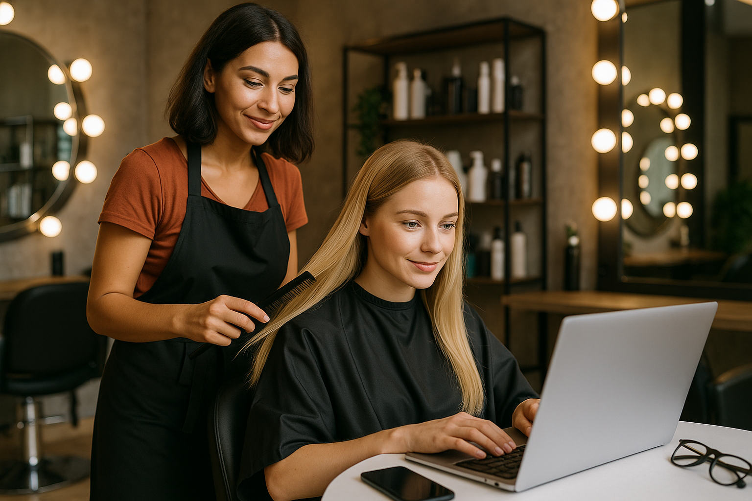 Um cabeleireiro penteia o cabelo de uma mulher sentada que está vestindo uma capa preta e usando um laptop. O salão tem prateleiras com produtos para cabelo, espelhos com luzes e um smartphone sobre a mesa.