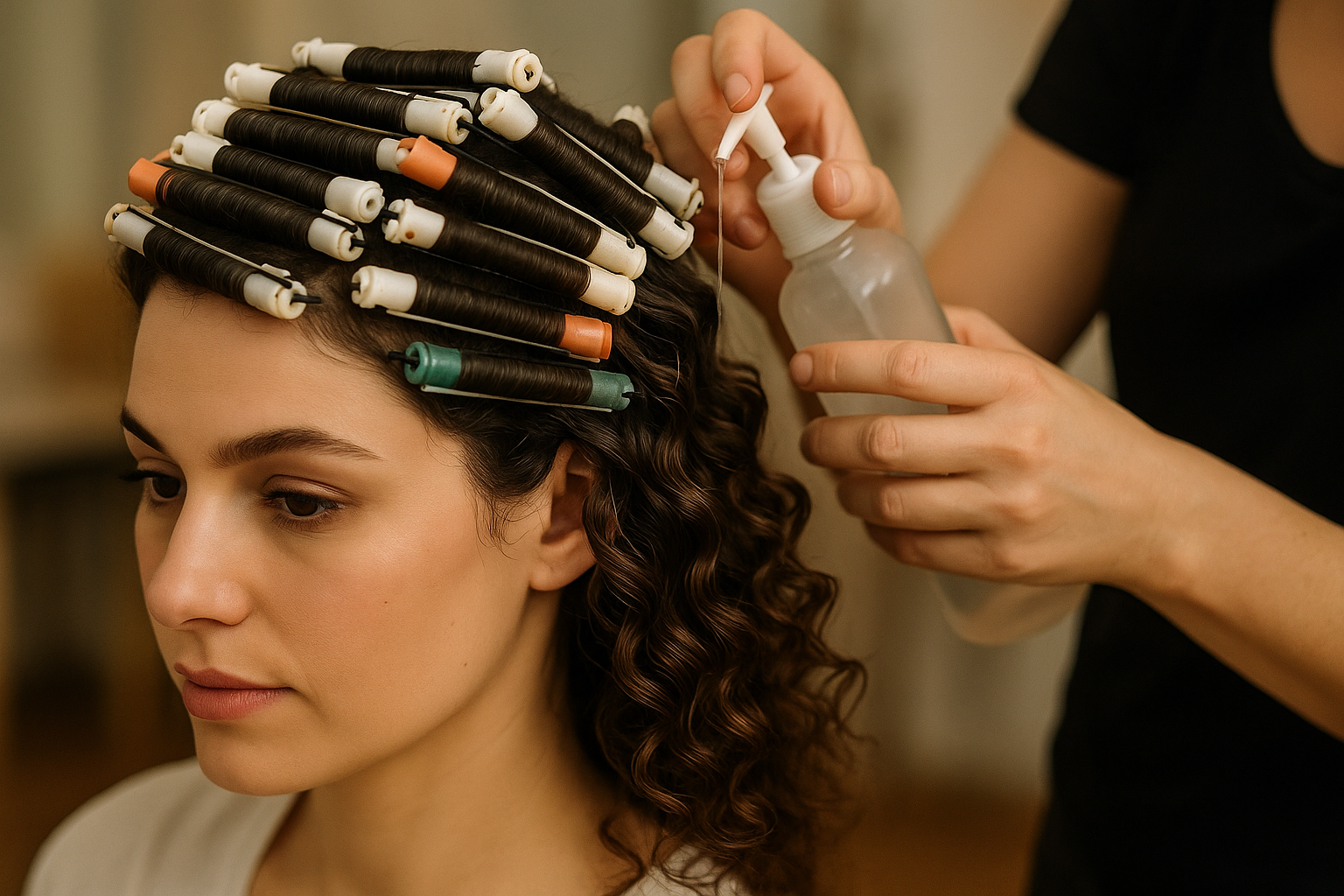 Uma mulher está sentada com bobes no cabelo enquanto outra pessoa aplica um líquido de um frasco com bomba, provavelmente para um tratamento de permanente. A expressão da mulher é neutra e o ambiente parece ser um salão de beleza.