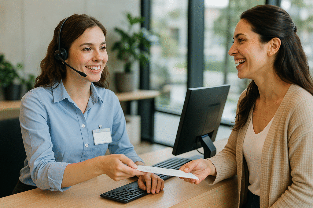 Uma mulher usando um fone de ouvido e um crachá entrega um documento a outra mulher sorridente em uma mesa com um computador, em um escritório moderno com grandes janelas e vasos de plantas.