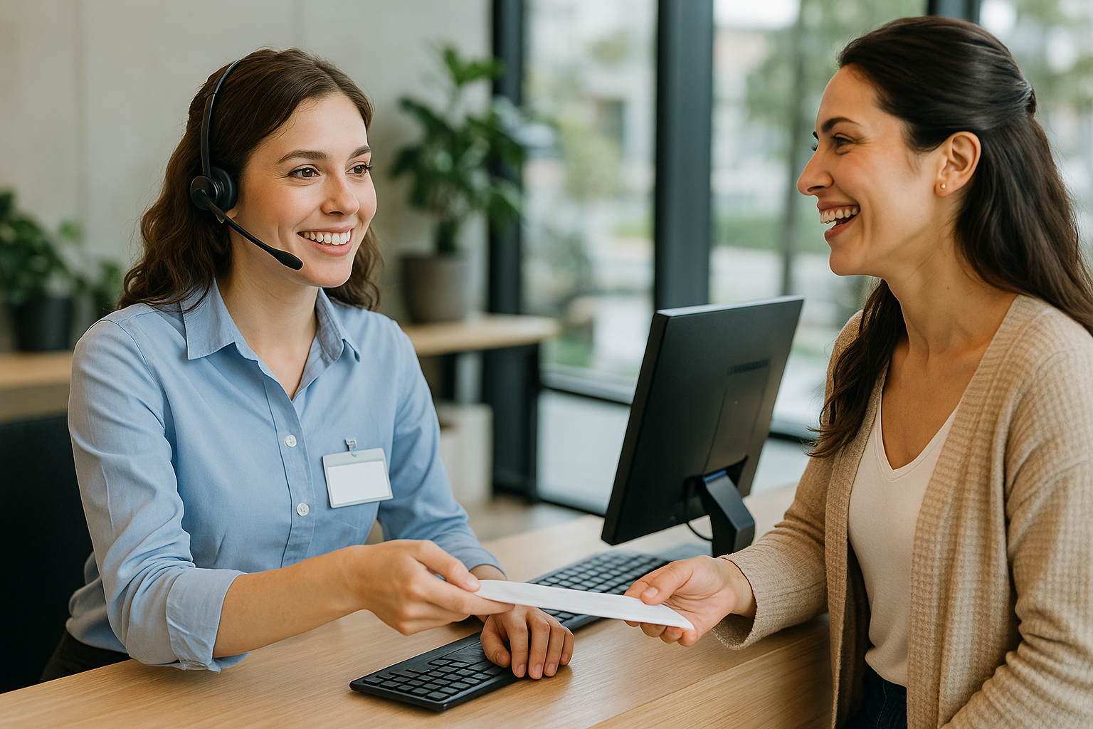 Uma mulher usando um fone de ouvido e um crachá entrega um documento a outra mulher sorridente em uma mesa com um computador, em um escritório moderno com grandes janelas e vasos de plantas.