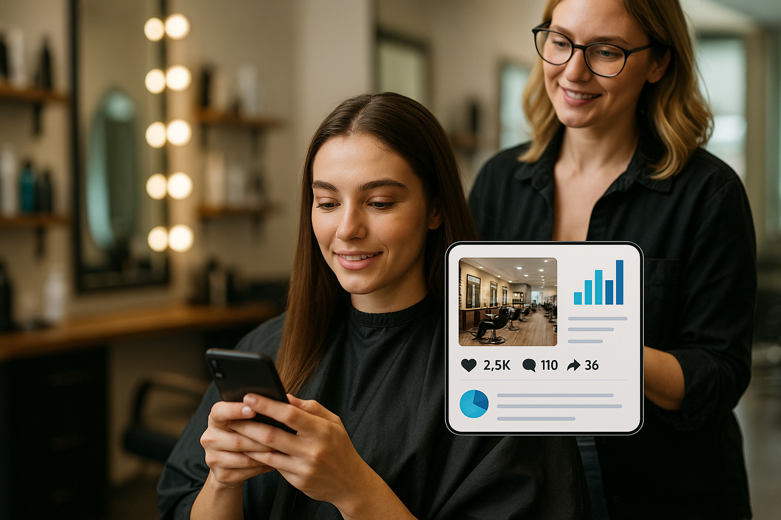 Uma mulher está sentada em uma cadeira de salão olhando para o telefone enquanto um cabeleireiro está atrás dela, sorrindo. Um gráfico digital com estatísticas de mídia social e uma foto do salão estão sobrepostos em primeiro plano.