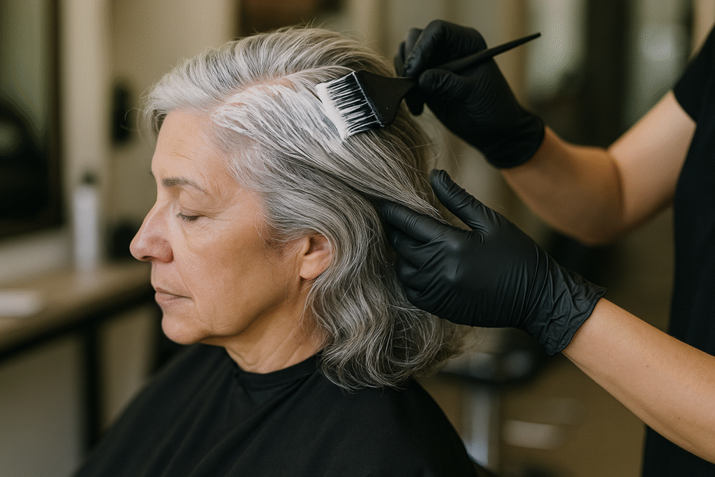 Uma pessoa com cabelos grisalhos senta-se com os olhos fechados enquanto outra pessoa usando luvas pretas aplica tintura de cabelo nas raízes com um pincel em um salão de beleza.
