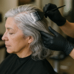 Uma pessoa com cabelos grisalhos senta-se com os olhos fechados enquanto outra pessoa usando luvas pretas aplica tintura de cabelo nas raízes com um pincel em um salão de beleza.