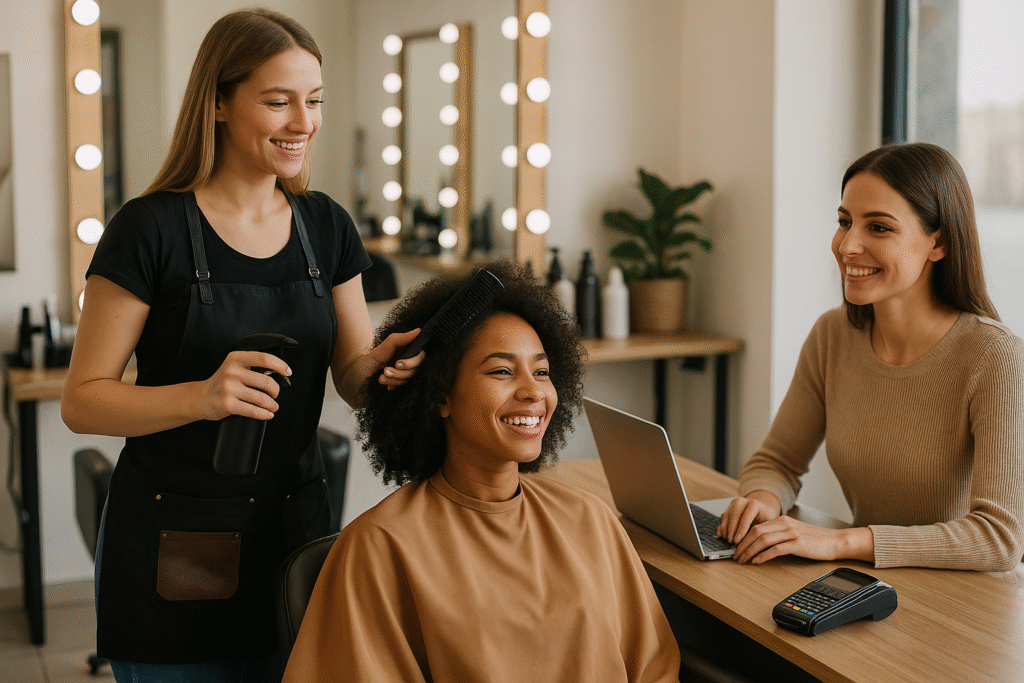 Um cabeleireiro vestindo um avental preto pulveriza e penteia o cabelo de uma mulher sorridente sentada em uma cadeira de salão. Outra mulher está sentada em um balcão próximo, sorrindo e trabalhando em um laptop ao lado de um terminal de pagamento com cartão.