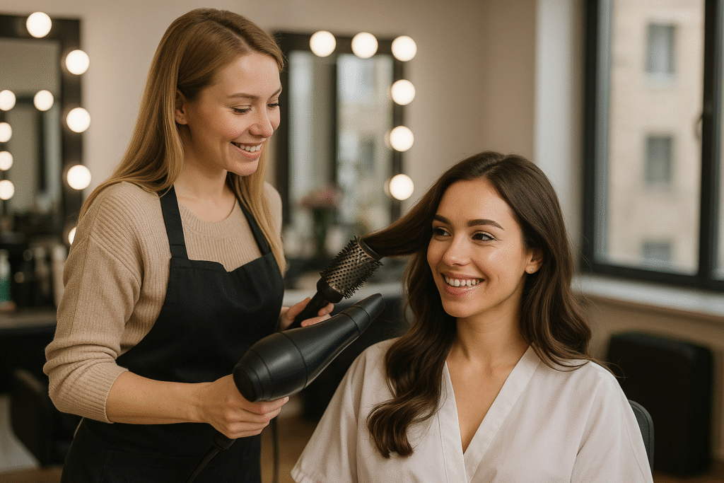 Um cabeleireiro de avental seca o cabelo de uma mulher com uma escova redonda em um salão de beleza. A mulher, usando uma capa branca, está sorrindo. Grandes espelhos com luzes e janelas são visíveis ao fundo.