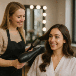 Um cabeleireiro de avental seca o cabelo de uma mulher com uma escova redonda em um salão de beleza. A mulher, usando uma capa branca, está sorrindo. Grandes espelhos com luzes e janelas são visíveis ao fundo.