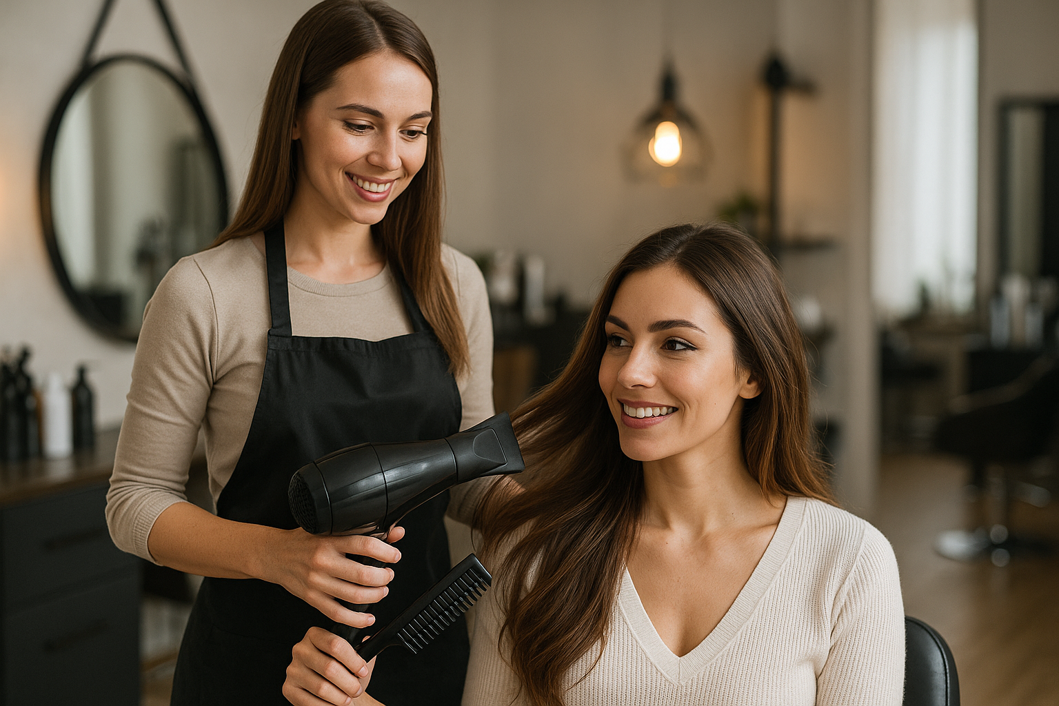Um cabeleireiro vestindo um avental segura um secador de cabelo e um pente enquanto penteia os longos cabelos castanhos de uma mulher sorridente sentada em um salão. O interior do salão é visível ao fundo.