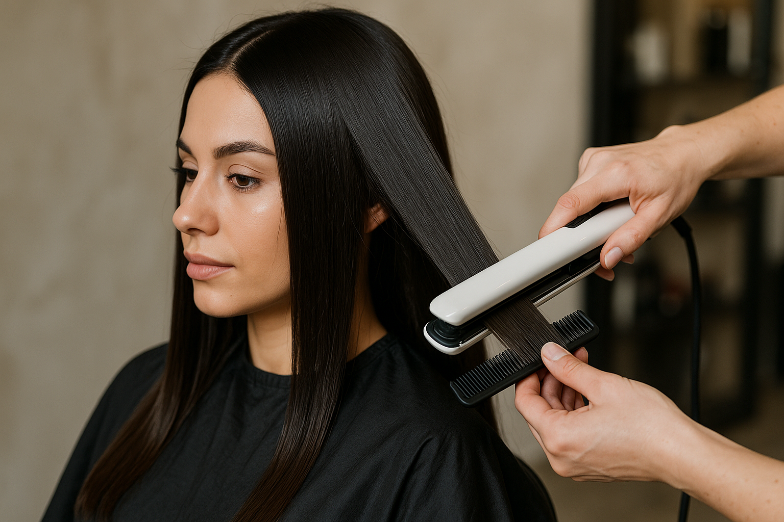 Uma pessoa com cabelo liso e escuro senta-se em uma cadeira de salão enquanto outra pessoa usa uma chapinha e um pente para alisar seções de seu cabelo. A pessoa que está recebendo o tratamento usa uma capa preta.