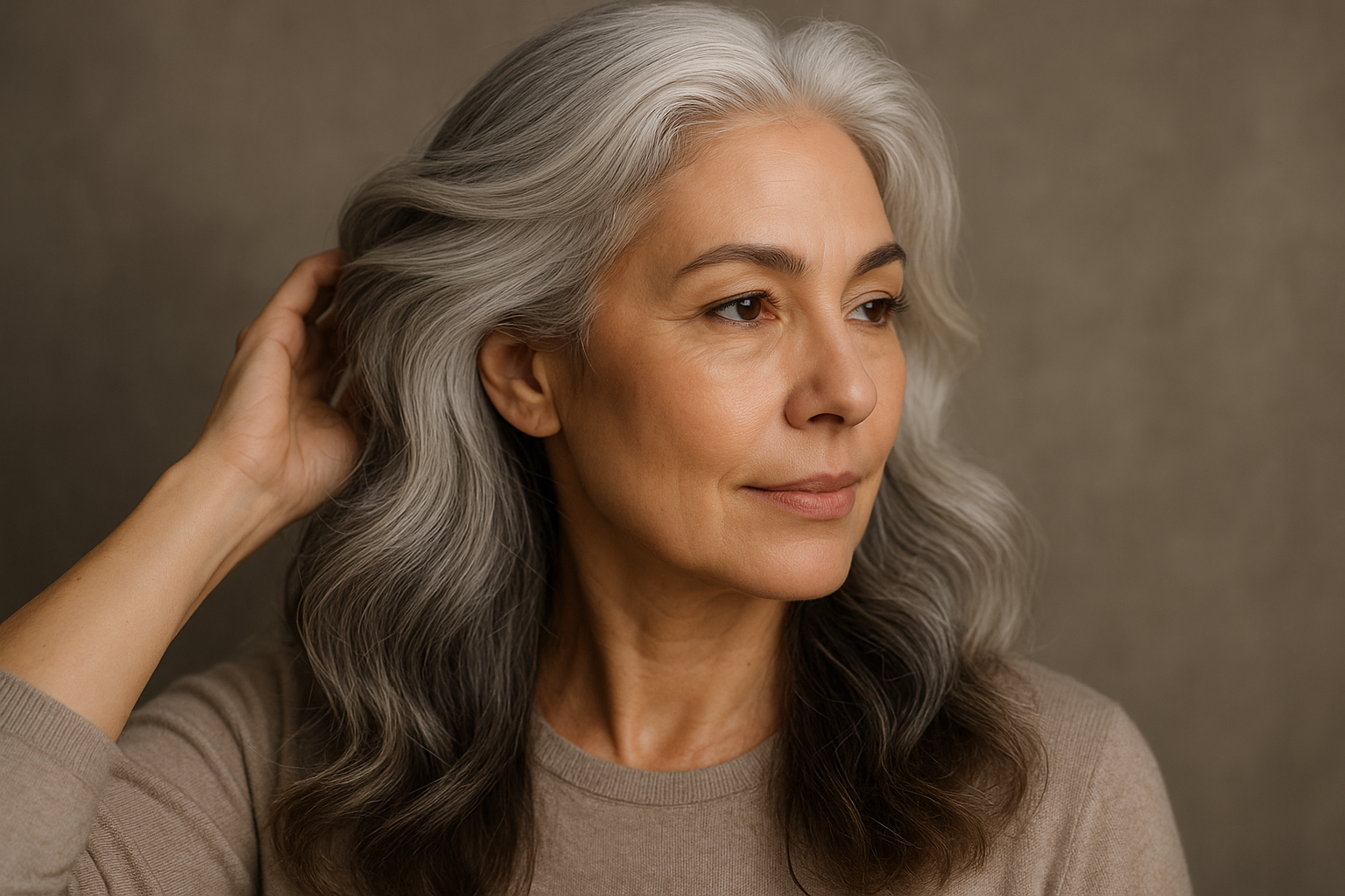 Uma mulher com cabelos grisalhos longos e ondulados e pele clara usa um suéter bege. Ela olha para o lado com uma expressão calma enquanto mexe em seu cabelo. O plano de fundo é simples e neutro.