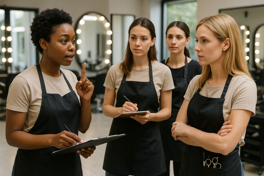 Quatro mulheres com camisas marrons e aventais pretos combinando estão em um salão de beleza. Uma delas fala e faz gestos com a mão enquanto segura uma prancheta. As outras ouvem, duas fazendo anotações e uma com os braços cruzados.
