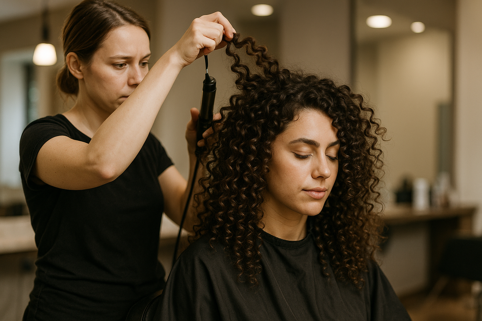Um cabeleireiro de camisa preta usa um modelador de cachos para pentear os cabelos longos e cacheados de uma mulher sentada usando uma capa preta em um salão moderno. A mulher que está sendo penteada tem os olhos fechados.