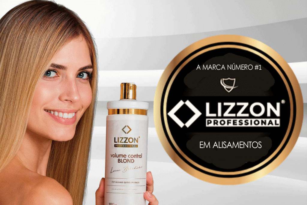 Uma mulher de cabelos loiros lisos sorri enquanto segura um frasco de Lizzon Professional Volume Control Blond. Ao lado dela há um crachá circular que diz 