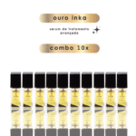 Dez frascos de ouro inka (Combo 10x) (preto) estão alinhados; acima deles, banners dourados exibem