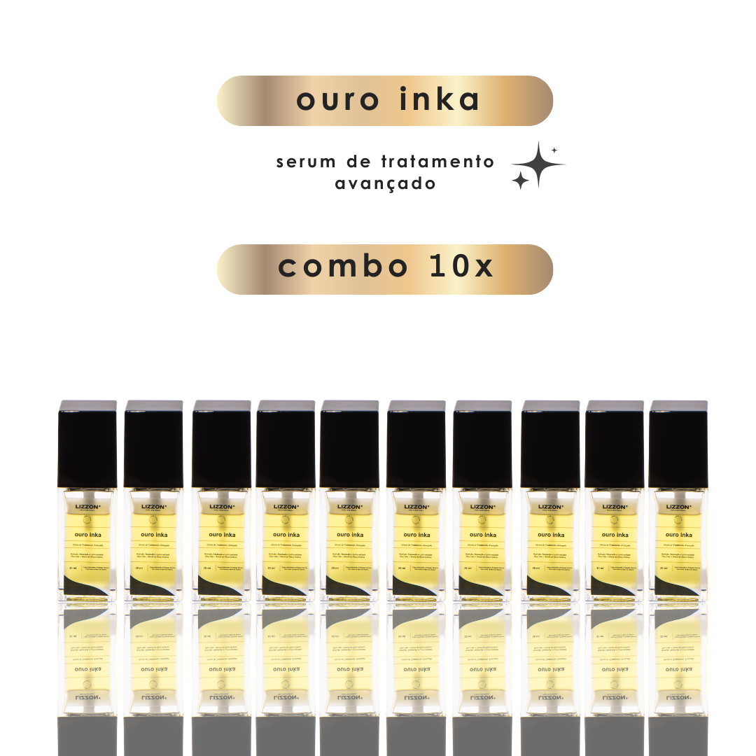 Dez frascos de ouro inka (Combo 10x) (preto) estão alinhados; acima deles, banners dourados exibem