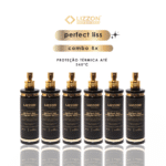 Três frascos pretos de Perfect Liss - Protetor Térmico (combo 3x), cada um com uma tampa de spray dourada, estão dispostos em uma fileira. O texto acima diz perfect liss combo 3x e proteção térmica até 240°C.