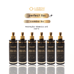 Três frascos pretos de Perfect Liss - Protetor Térmico (combo 3x), cada um com uma tampa de spray dourada, estão dispostos em uma fileira. O texto acima diz perfect liss combo 3x e proteção térmica até 240°C.