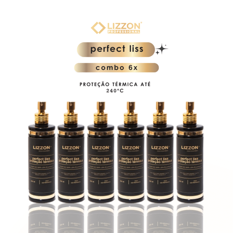 Três frascos pretos de Perfect Liss - Protetor Térmico (combo 3x), cada um com uma tampa de spray dourada, estão dispostos em uma fileira. O texto acima diz perfect liss combo 3x e proteção térmica até 240°C.