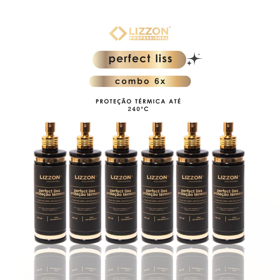 Três frascos pretos de Perfect Liss - Protetor Térmico (combo 3x), cada um com uma tampa de spray dourada, estão dispostos em uma fileira. O texto acima diz perfect liss combo 3x e proteção térmica até 240°C.