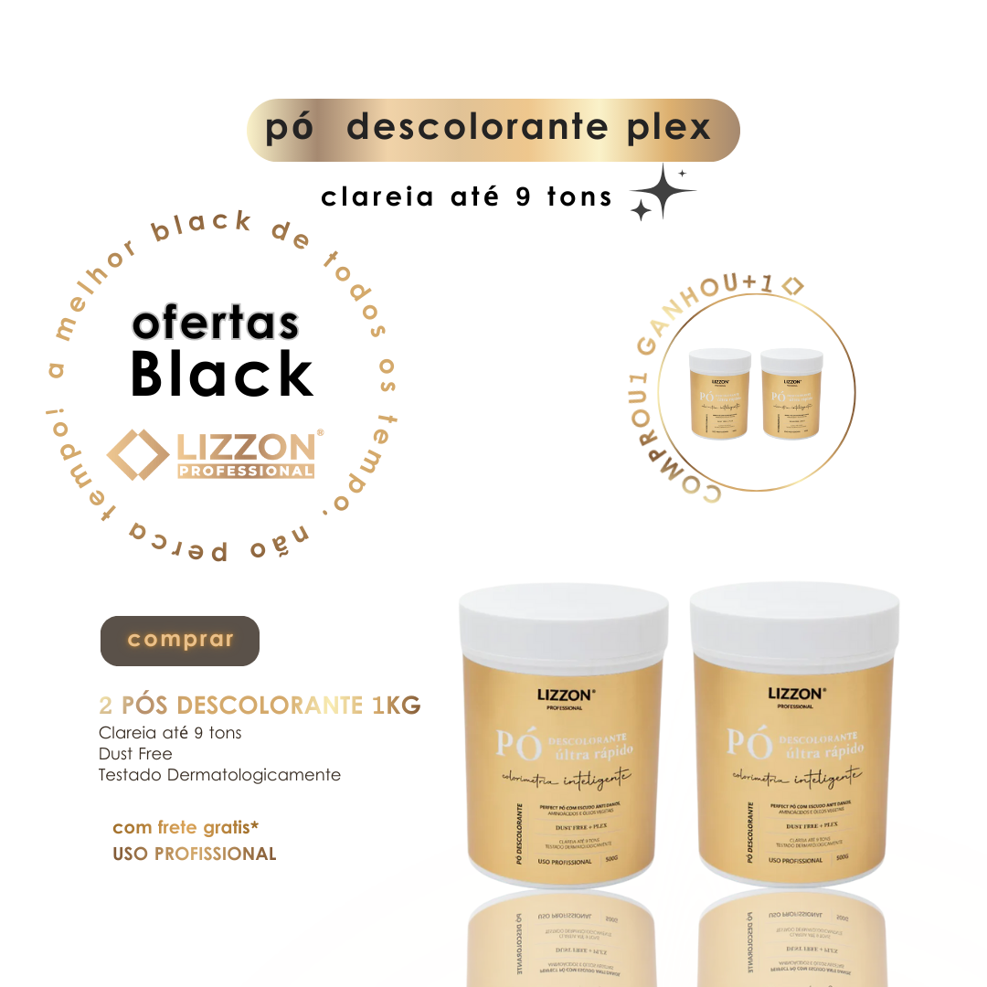 Imagem promocional do Pó Ultra Rápido Descolorante PLEX 1kg (Combo 2x), com dois recipientes, ofertas da Black Friday, um recipiente extra gratuito, até 9 tons de clareamento e fórmula testada por dermatologistas.