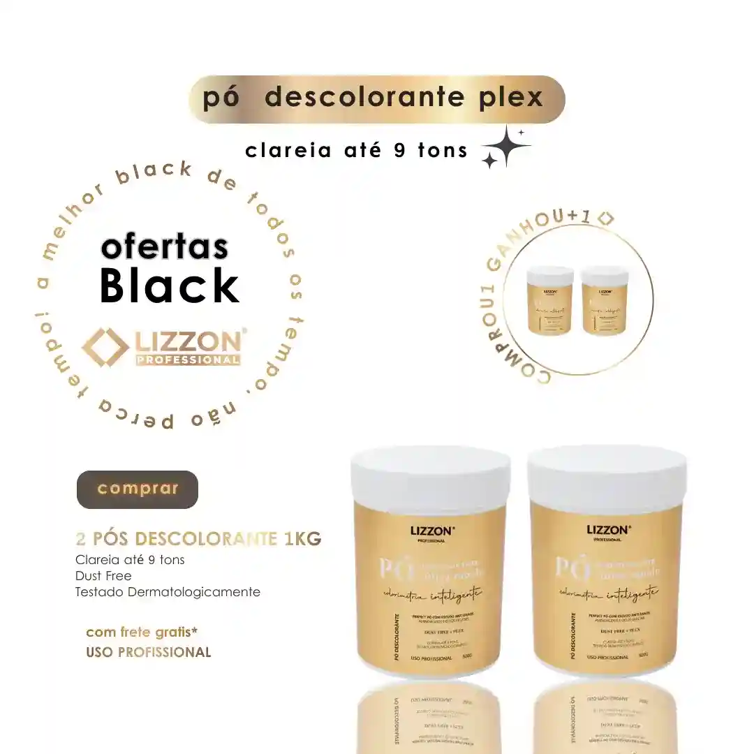 Imagem promocional do Pó Ultra Rápido Descolorante PLEX 1kg (Combo 2x), com dois recipientes, ofertas da Black Friday, um recipiente extra gratuito, até 9 tons de clareamento e fórmula testada por dermatologistas.