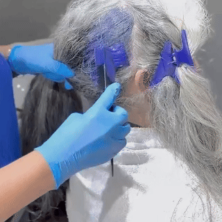 Uma pessoa com cabelos grisalhos está sendo pintada com um pincel nas raízes por alguém que usa luvas azuis. O cabelo é seccionado e preso com grandes grampos azuis.