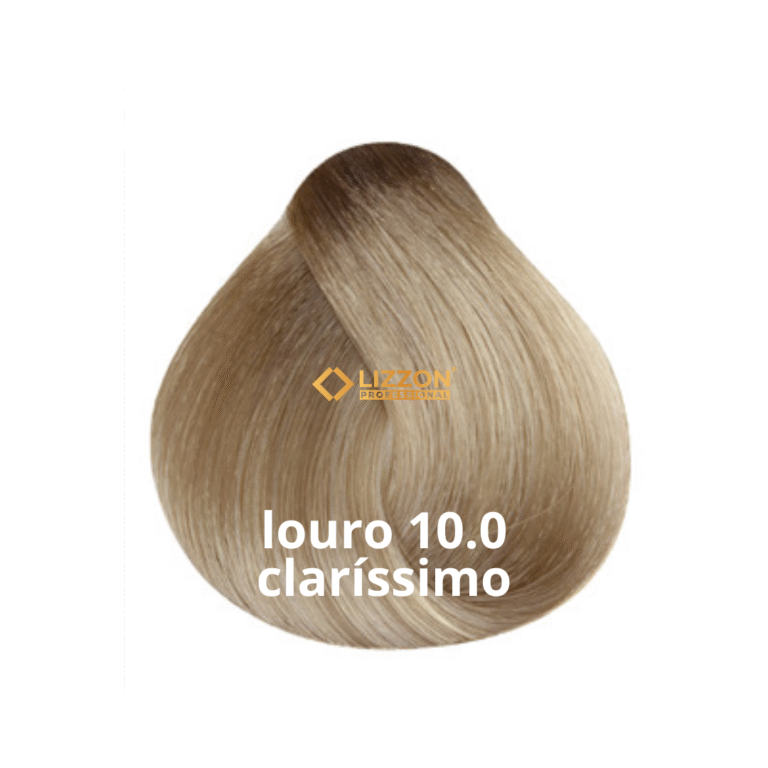 Uma amostra de cor de cabelo loiro muito claro é exibida em forma de lágrima com o texto louro 10.0 claríssimo e o logotipo da Lizzon Professional sobre a amostra de cabelo.