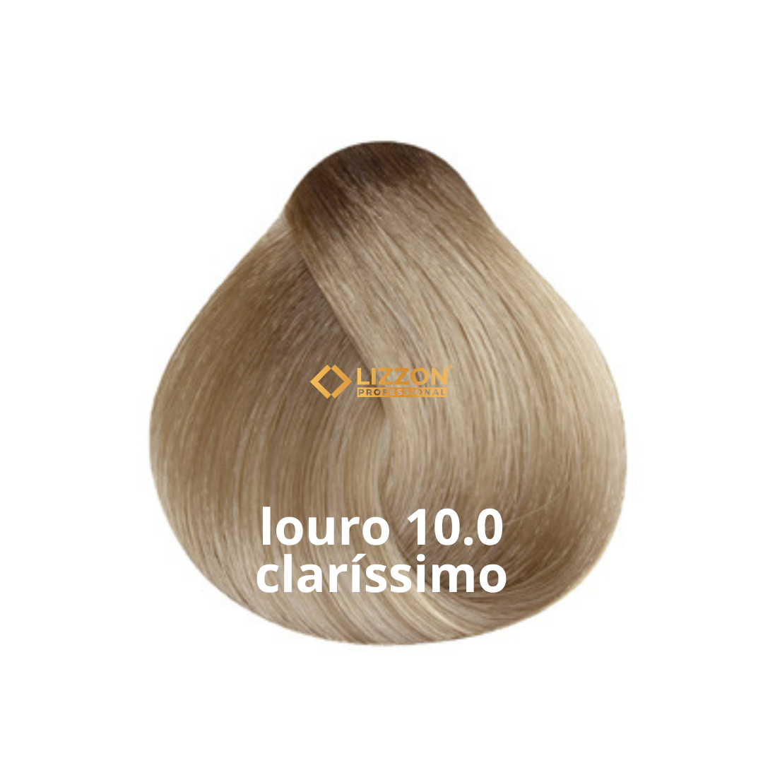 Uma amostra de cor de cabelo loiro muito claro é exibida em forma de lágrima com o texto louro 10.0 claríssimo e o logotipo da Lizzon Professional sobre a amostra de cabelo.