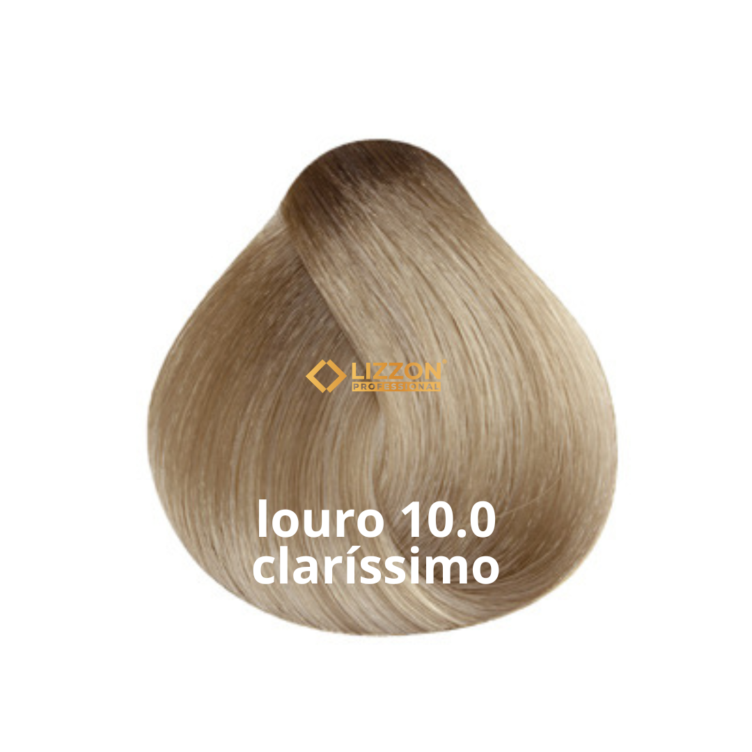 Uma amostra de cor de cabelo loiro muito claro é exibida em forma de lágrima com o texto louro 10.0 claríssimo e o logotipo da Lizzon Professional sobre a amostra de cabelo.