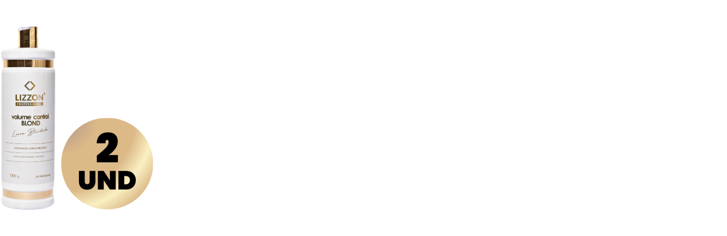 Um frasco branco de Volume Control Blond (combo 2und) é colocado ao lado de um círculo dourado com o rótulo