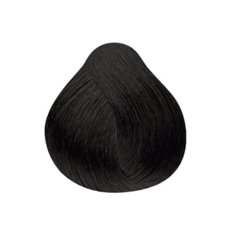 Uma amostra de cabelo preto escuro disposto em uma forma curva e torcida, exibida em um fundo branco.