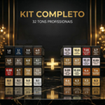 Uma exibição de caixas do Kit Colorizze Coloração Creme Permanente (32 unidades), dispostas em dois grupos em uma superfície preta brilhante com luzes decorativas douradas atrás e o texto "KIT COMPLETO 32 TONS PROFISSIONAIS" acima.