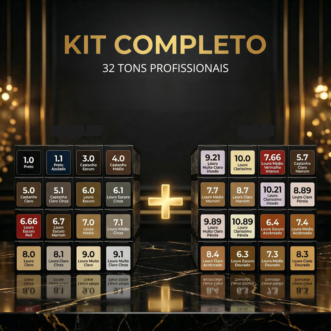 Uma exibição de caixas do Kit Colorizze Coloração Creme Permanente (32 unidades), dispostas em dois grupos em uma superfície preta brilhante com luzes decorativas douradas atrás e o texto "KIT COMPLETO 32 TONS PROFISSIONAIS" acima.