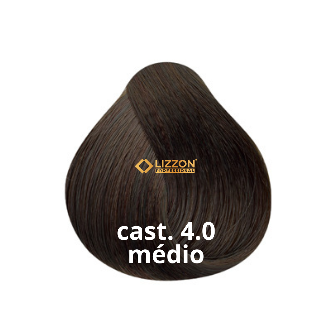 Uma amostra de cor de cabelo marrom médio rotulada como cast. 4.0 médio com o logotipo da Lizzon Professional acima dele, exibido em um fundo branco.
