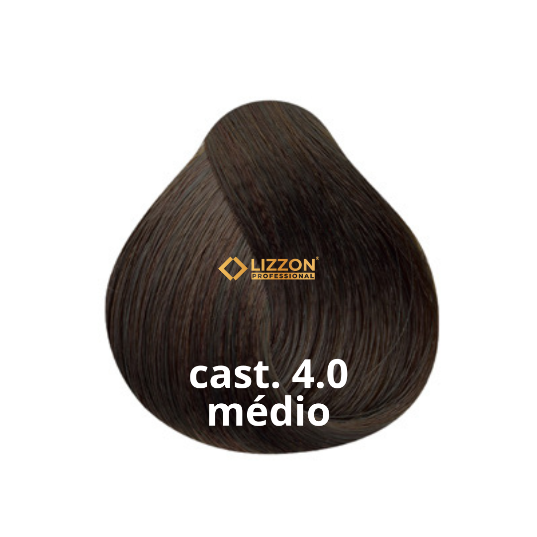 Uma amostra de cor de cabelo marrom médio rotulada como cast. 4.0 médio com o logotipo da Lizzon Professional acima dele, exibido em um fundo branco.