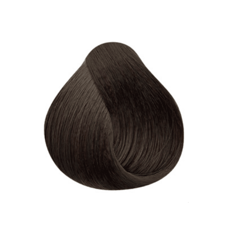 Um close-up de uma amostra de cor de cabelo castanho-escuro em forma de lágrima lisa contra um fundo branco.