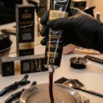 Uma mão enluvada espreme Colorizze Coloração Creme Permanente de um tubo para uma tigela de mistura em uma estação de trabalho de salão, cercada por caixas de tintura de cabelo, escovas e outras ferramentas de coloração.