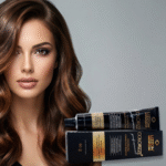 Uma mulher com cabelos castanhos ondulados está ao lado de um tubo preto e de uma caixa com o rótulo Colorizze Coloração Creme Permanente, um creme de coloração permanente para cabelos. O plano de fundo é neutro.