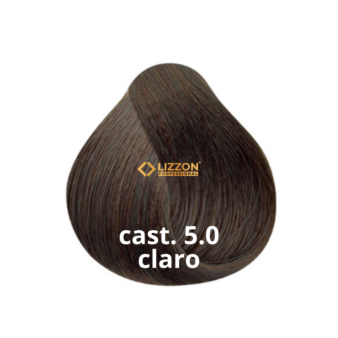 Uma amostra de cor de cabelo em um tom marrom claro rotulado como cast. 5.0 claro com o logotipo da Lizzon Professional acima do texto.