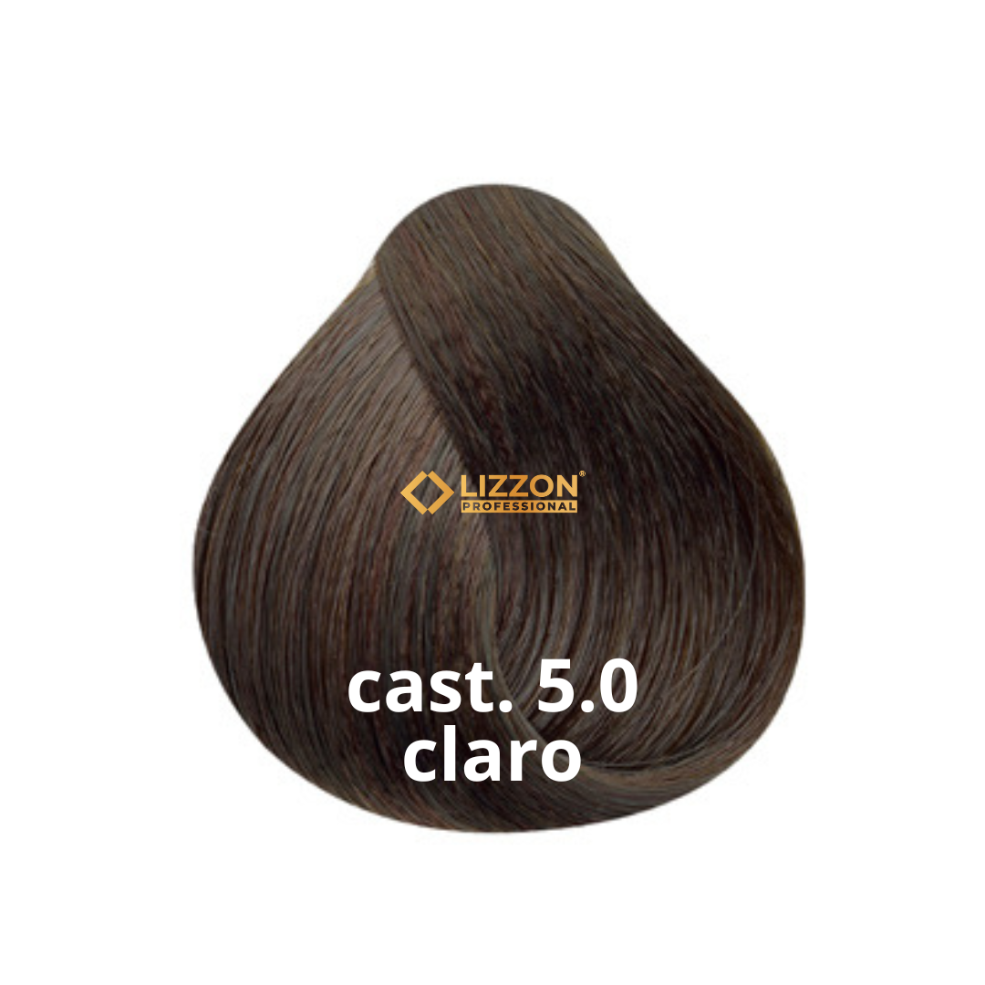 Uma amostra de cor de cabelo em um tom marrom claro rotulado como cast. 5.0 claro com o logotipo da Lizzon Professional acima do texto.