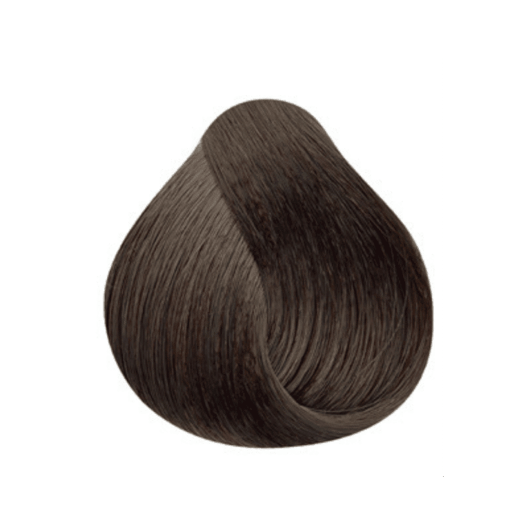 Uma amostra de cor de cabelo marrom escuro, moldada em um laço liso e torcido contra um fundo branco.