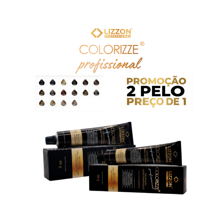 Três tubos e duas caixas de Colorizze Coloração Creme Permanente são mostrados com uma tabela de cores de cabelo. A embalagem preta apresenta detalhes em dourado. O texto diz: PROMOÇÃO 2 PELO PREÇO DE 1.