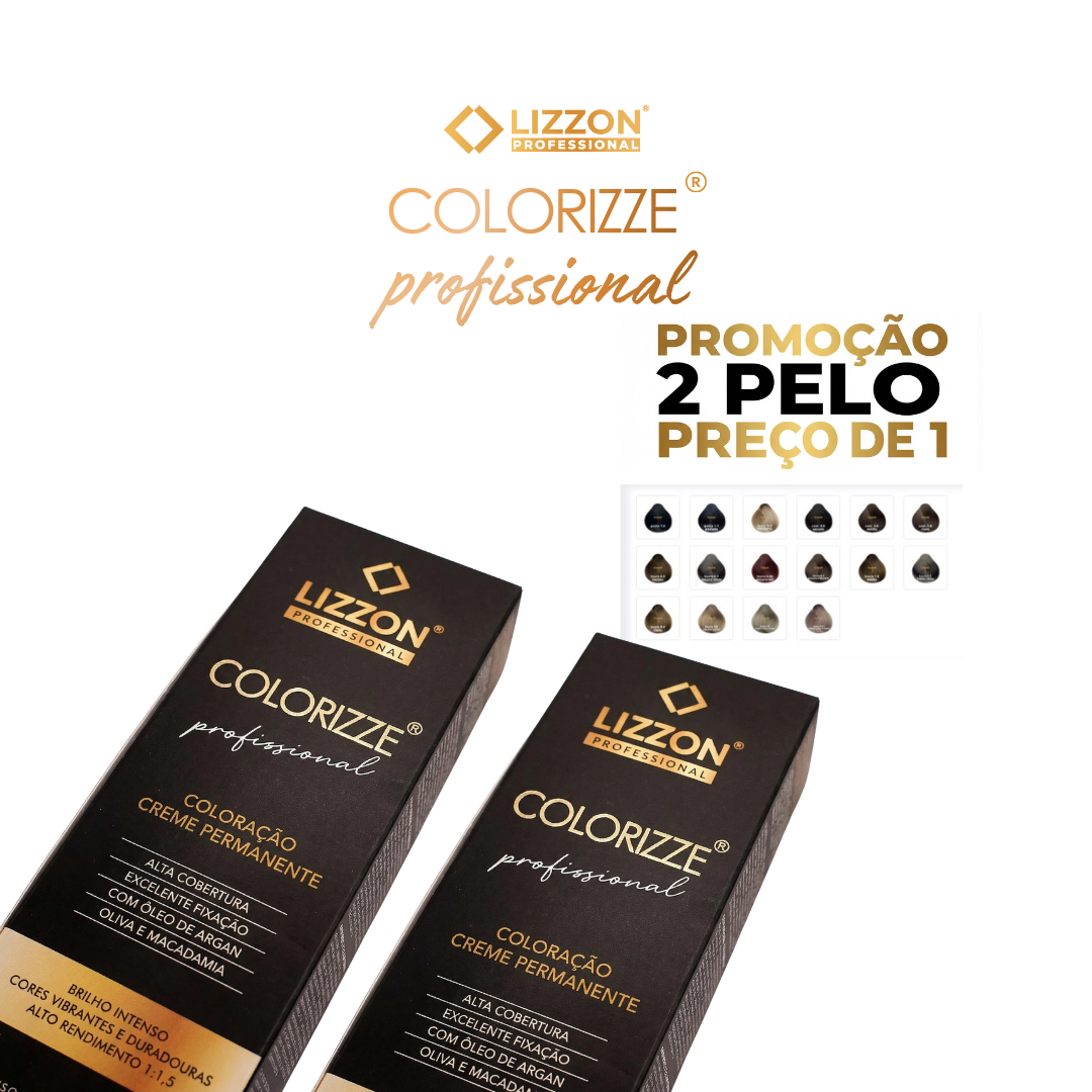 Duas caixas de Colorizze Coloração Creme Permanente são mostradas em um fundo branco, promovendo um negócio de 2 pelo preço de 1 com pequenas amostras exibindo os tons de tintura de cabelo disponíveis.