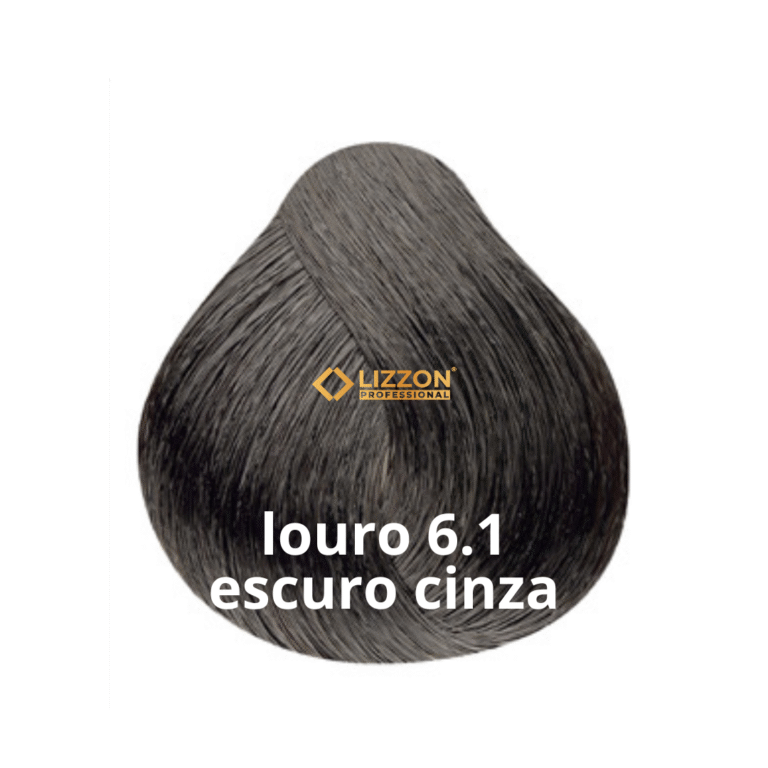 É exibida uma amostra de cor de cabelo chamada louro 6.1 escuro cinza da Lizzon Professional, mostrando um tom loiro escuro acinzentado.