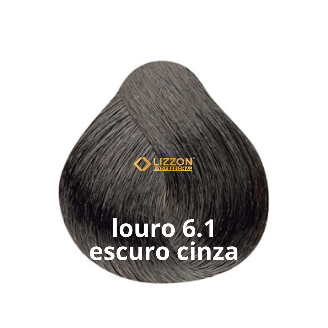 É exibida uma amostra de cor de cabelo chamada louro 6.1 escuro cinza da Lizzon Professional, mostrando um tom loiro escuro acinzentado.