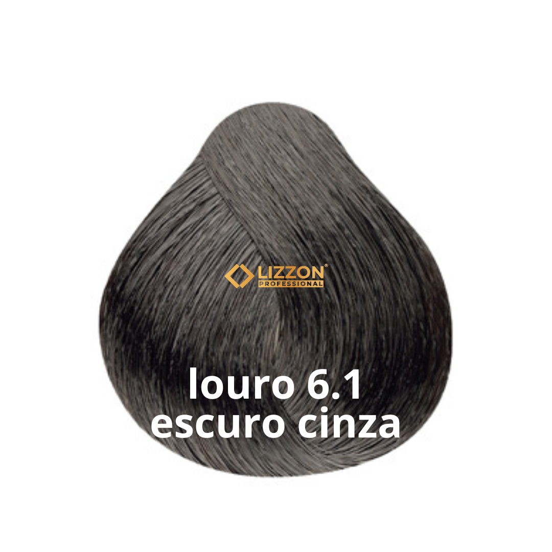 É exibida uma amostra de cor de cabelo chamada louro 6.1 escuro cinza da Lizzon Professional, mostrando um tom loiro escuro acinzentado.