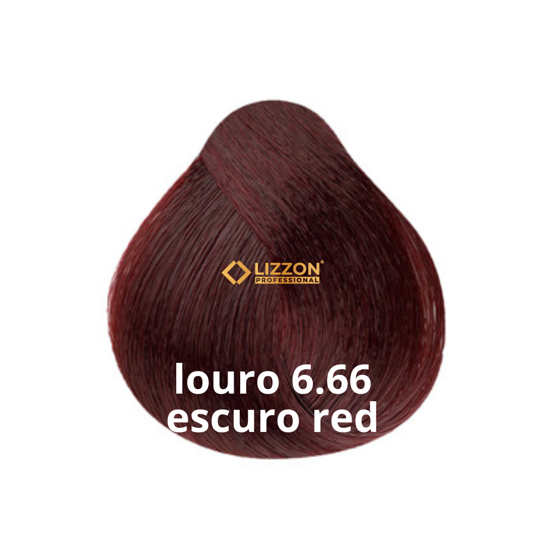Uma amostra de cor de cabelo vermelho escuro com o rótulo "Lizzon Professional" e o texto "louro 6.66 escuro red" exibido na amostra.